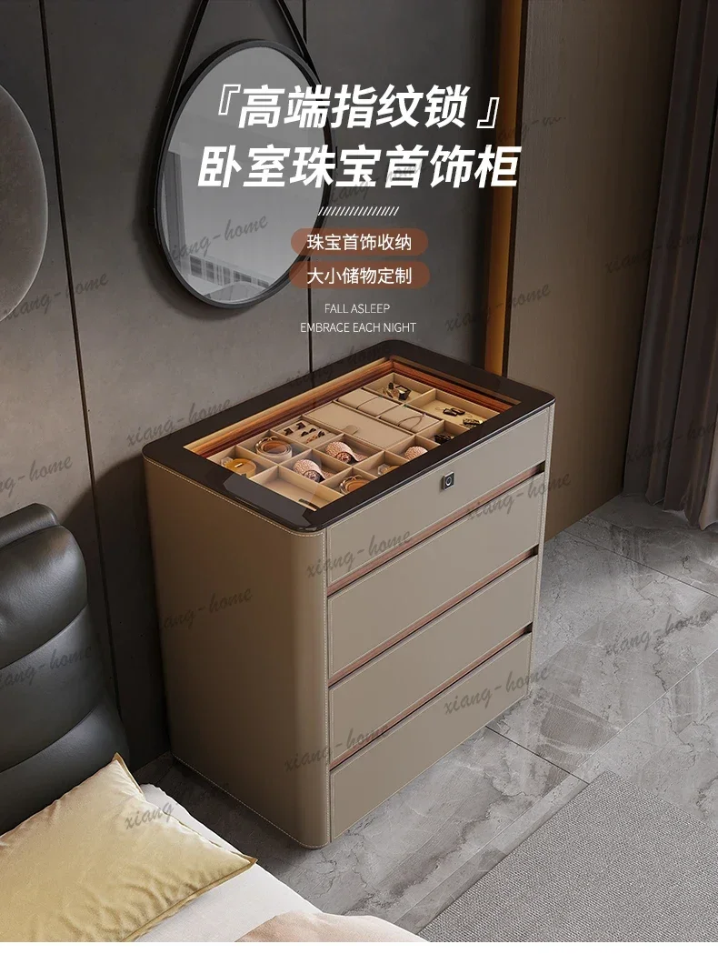 PG   Saddle Leather Bedroom Chest Multifunctional  Fingerprint Lock Jewelry Display Storage Cabinet