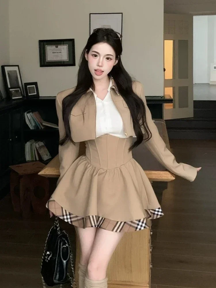 Winter Japanese Sweet New 3 Piece Sets Women Plaid Blazer Coat + Solid Blouse + Retro Skirt Set Korean Fashion Skirt Suit 2024