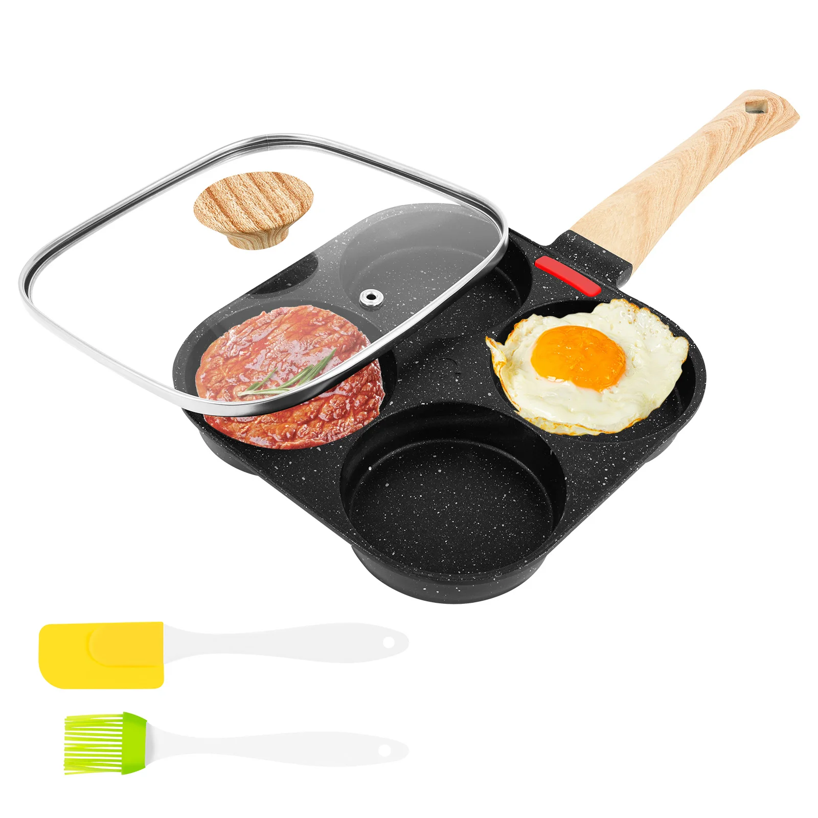 

4Cup Egg Frying Pan Nonslip Omelette Pan Skillet with Oil Brush and Lid Pancake Skillet for Gas Stove Induction Cookware