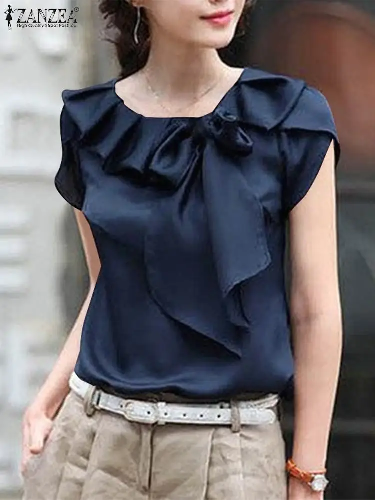 ZANZEA Office Lady Bowknot Stitching Shirt Women Short Sleeve Blouse Elegant Round Neck Tunics Casual Loose Solid Twisted Tops