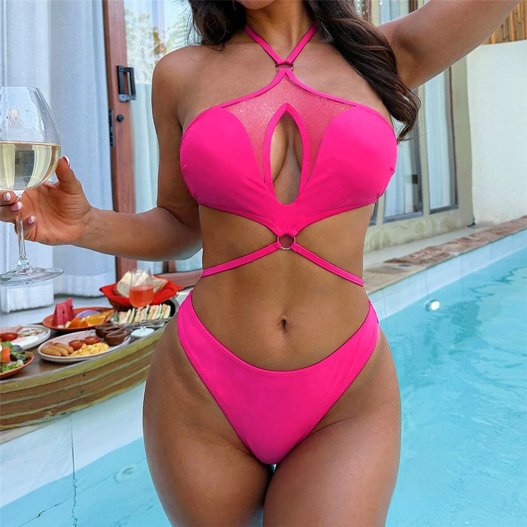 S - XL Cut-Out-Netzstoff, durchsichtig, hoher Beinausschnitt, Damen-Badeanzug, einteiliger Badeanzug, Damen-Monokini, gepolsterter Badeanzug, Badebekleidung, Badeanzug, V8008 – Detail 2