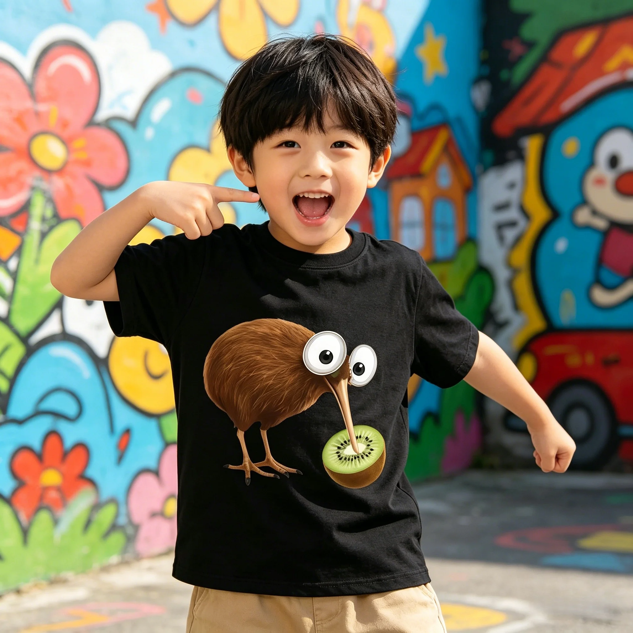 Camiseta Infantil con Diseño de Pájaro Kiwi de Pico Puntiagudo, Ojos Expresivos, Algodón Suave y Transpirable, Diseño Caprichoso, Estilo Casual Deportivo
