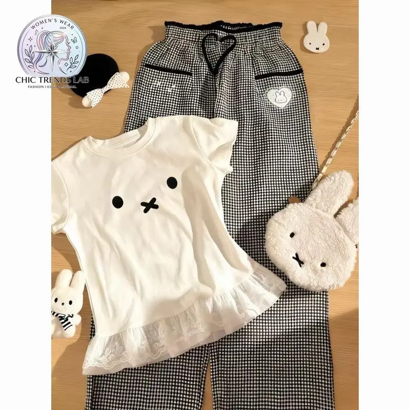 Kawaii Bunny Two Piece Set Women Lace Ruffle T-Shirt and Gingham Checkered Pants Harajuku Cute Loungewear Matching Tracksuit