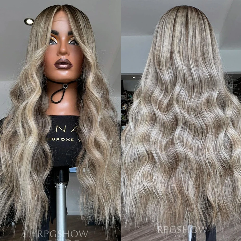 

Long Middle Part Wavy Ashy Blonde Highlights Lace Front Wig High Heat Futura Loose Wave Synthetic Wig for Women Ready To Ship