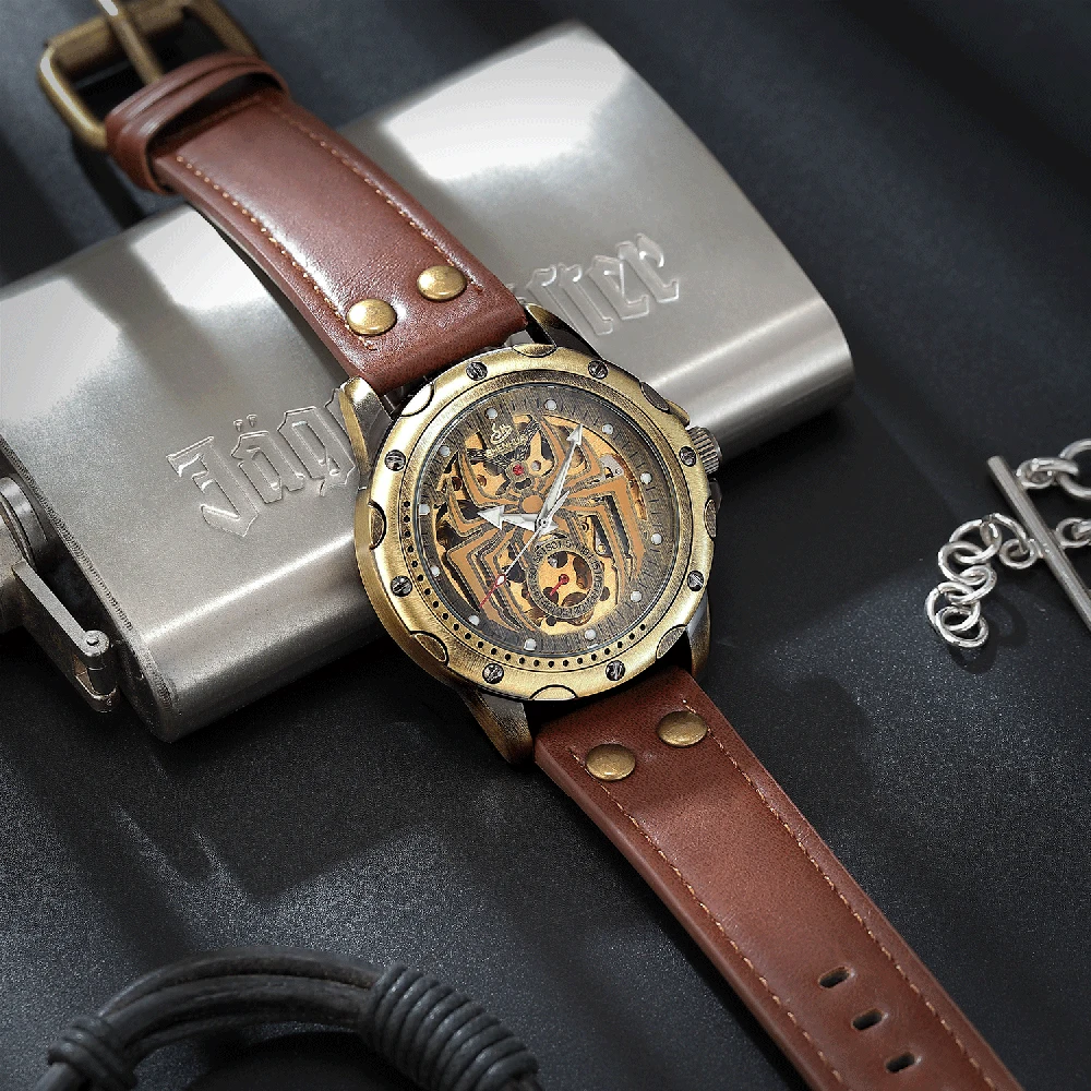 Retro Bronze Watch for Men Automatic & Manual Winding Mechanical Antique Skeleton Steampunk Leather Strap Gents Male Wrist Clock