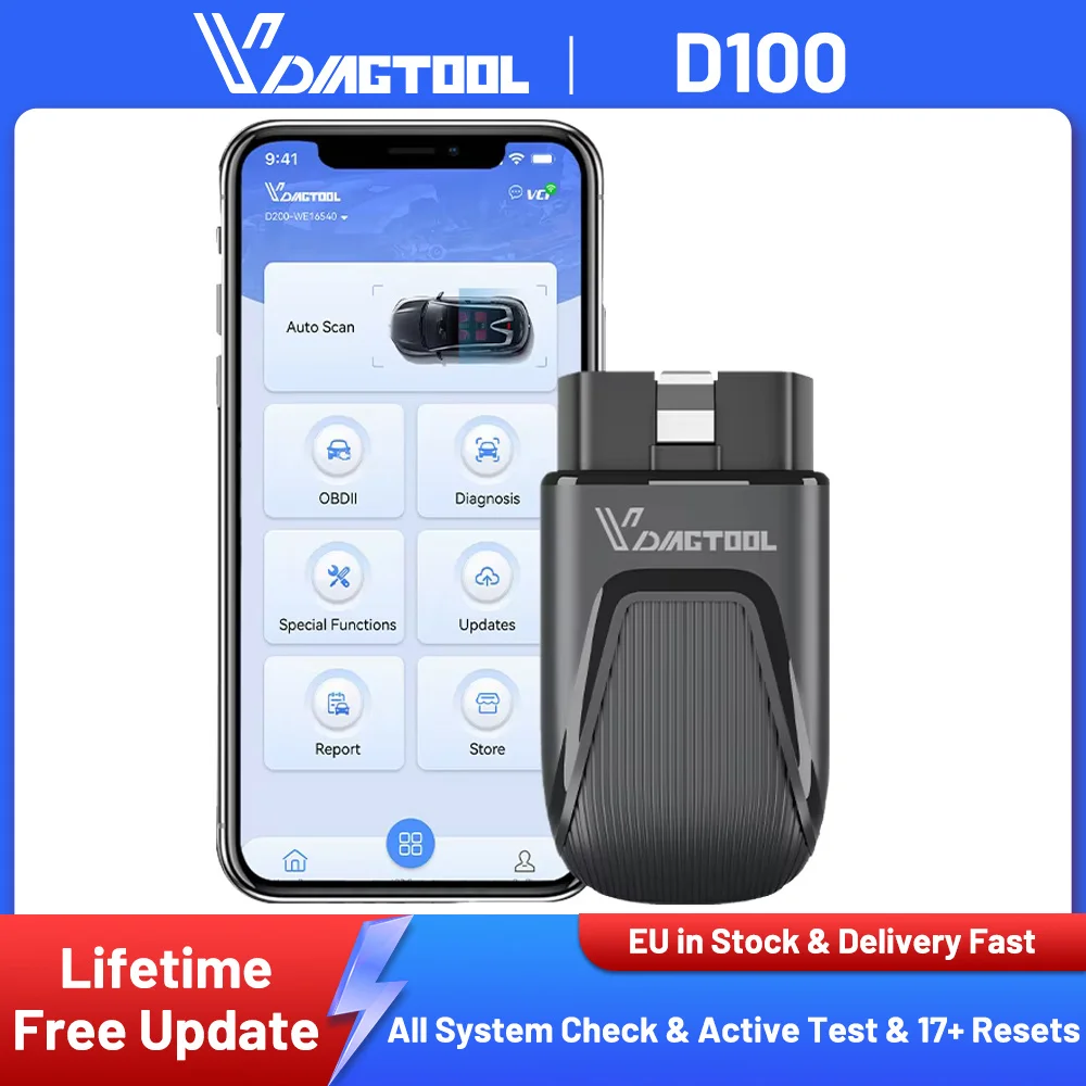 VDIAGTOOL D100 BT OBD2 Scanner : Outil de diagnostic complet du système, contrôle bidirectionnel CAN FD FCA avec plus de 17 fonctions de réinitialisation, mises à jour gratuites à vie, lecteur de codes sans fil