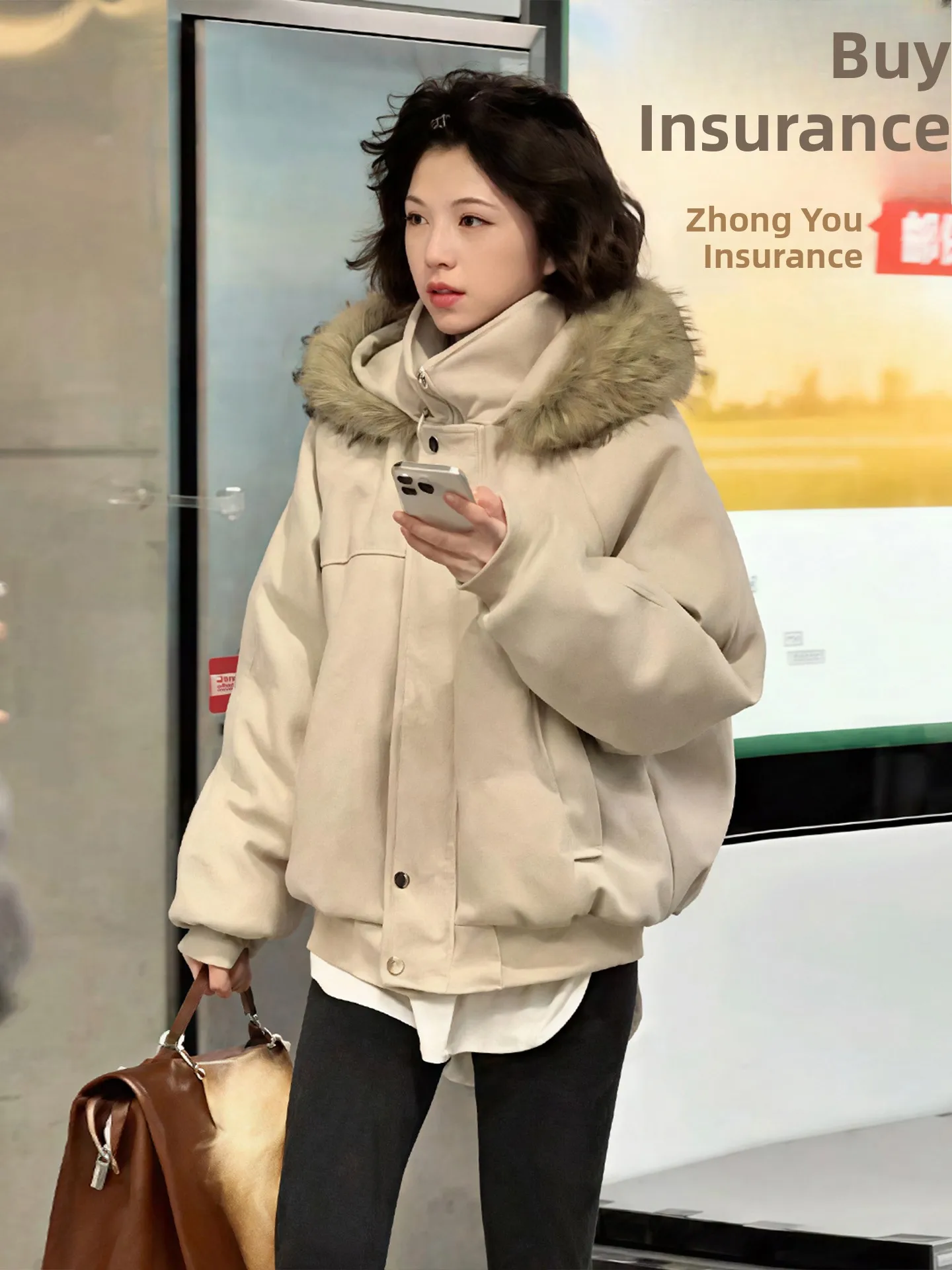 

Khaki Color Women's Winter Thiened Hooded Cotton Jaet Woolen Coat with Fur Collar Cleanfit Sle Stand Sve Long Sve