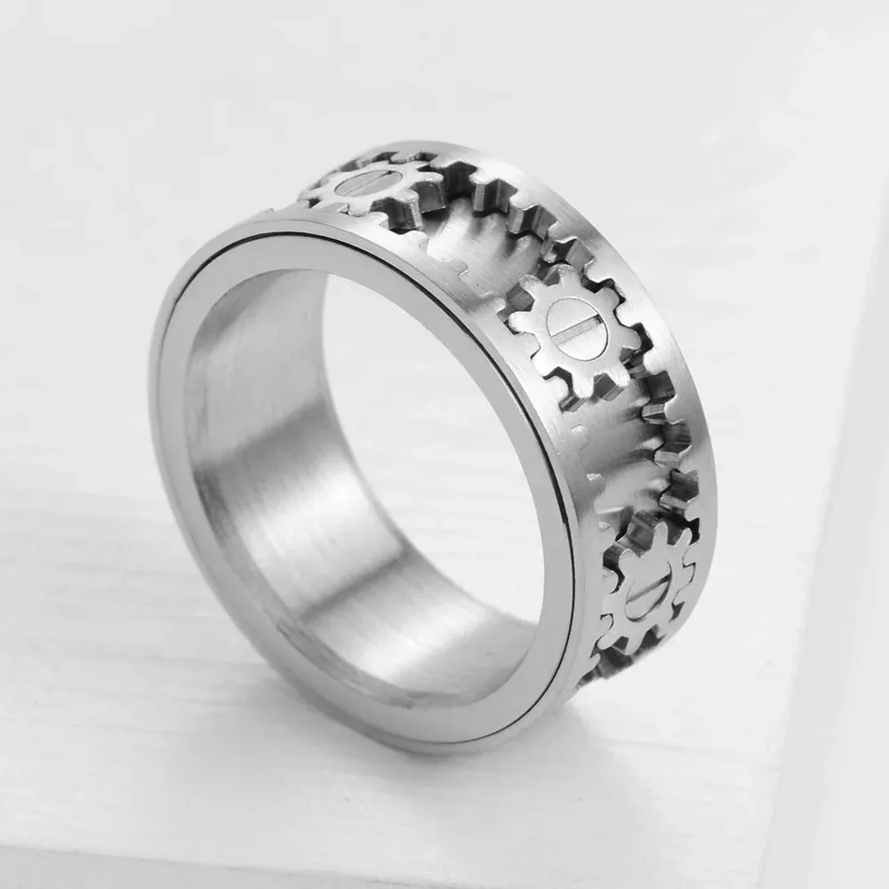 Time to Run Men's Titanium Steel Gear Ring Women's Steel-colored Rotatable Anti-anxiety Ring Bracelet