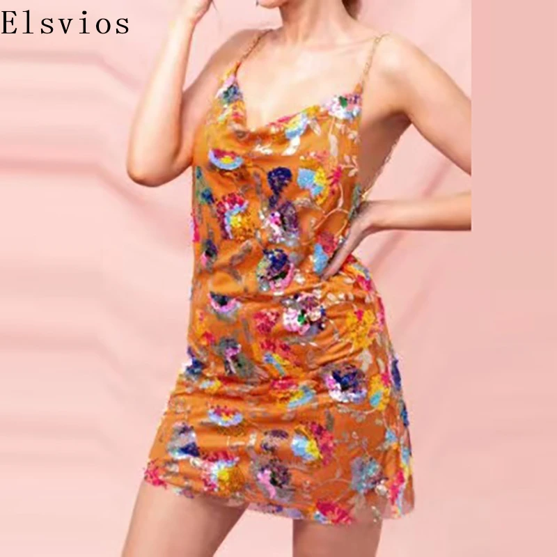 

Women Elegant Floral Print Sequin Mini Dress Casual Sleeveless Slim Club Party Dress 2025 Sexy Off Shoulder Backless Short Dress