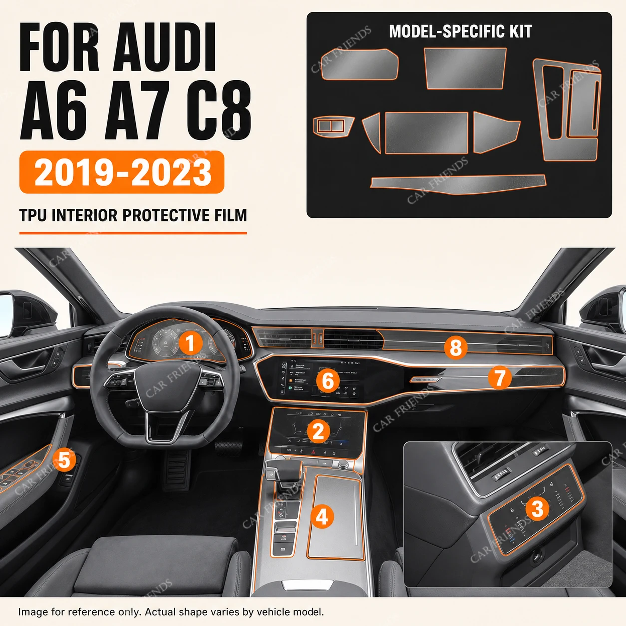 For Audi A6 A7 C8 2019-2023 Transparent TPU Interior Protective Film Center Console Anti-Scratch