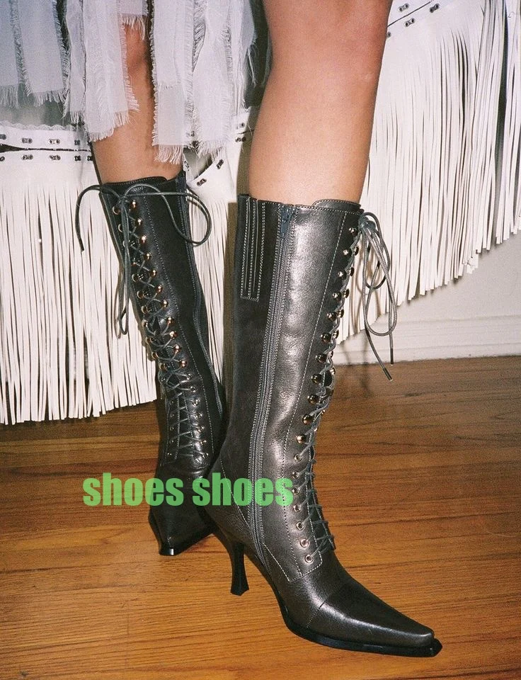 

Lady Gray Color Pu Lace-Up Calf Boots Pointed Toe Cowboy Side Zipper Low Heel Gladiator Style Retro Boots Footwear Size 34-46
