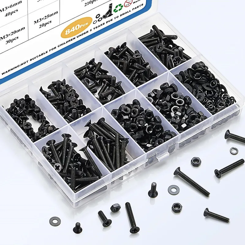 840Pcs 10.9 Grade Black‑Oxide Carbon Steel Phillips Countersunk Head Screws Nuts Washers Assortment Kit, M3 Series 6‑25mm