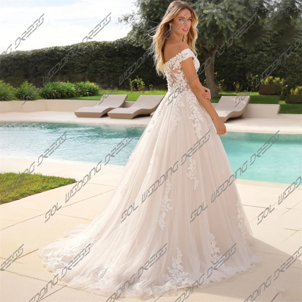 Sol wunderschön von der Schulter Spitze Applikationen Tüll Brautkleider elegante rücken freie A-Linie Brautkleider vestidos de novia