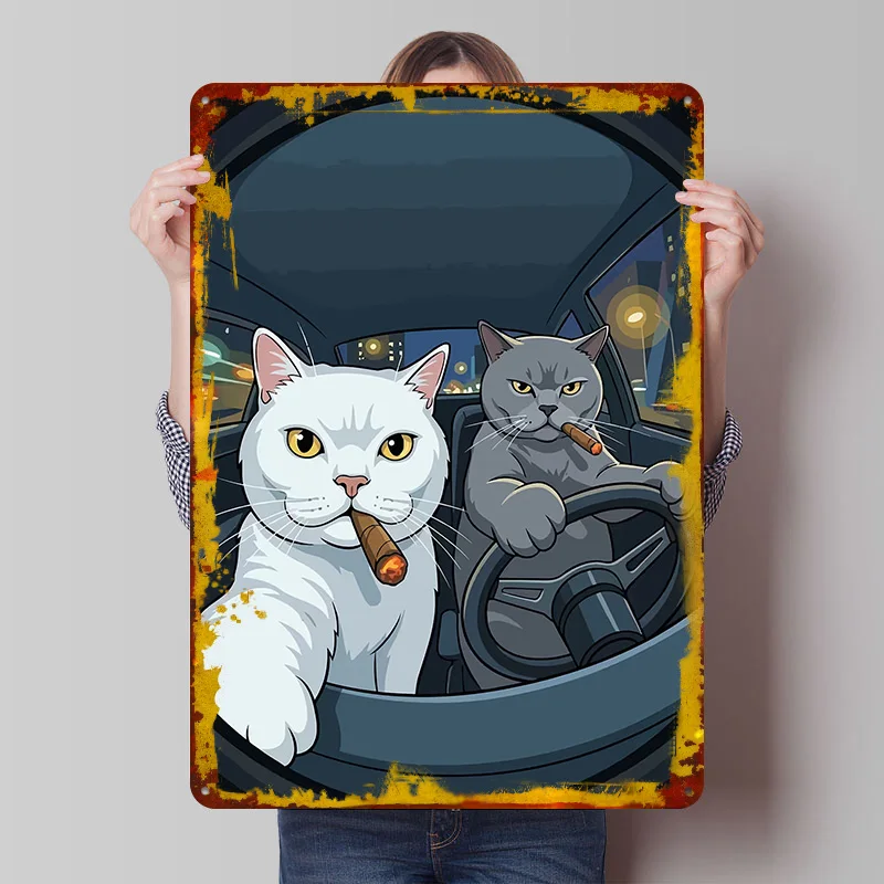 Cats Driving Smoking Cigars Car Tinplate Poster Custom Wall Art Vintage Metal Signs Retro Tin Plaque for Gamer Room Decoration