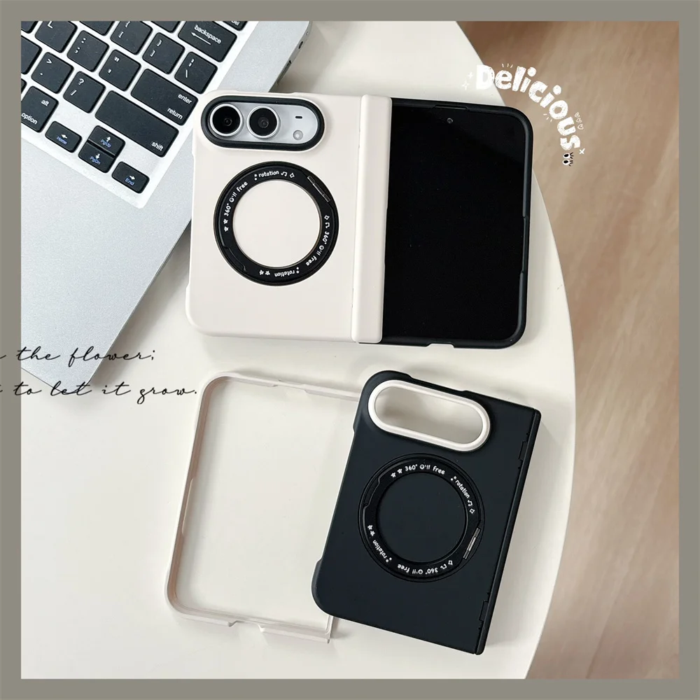 Luxury Korea Ins black white Magnetic Phone Case with 360° Rotatable Bracket For iPhone Duo Shockproof Protective Back Cover