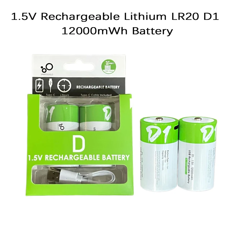 

1.5V LR20 12000mWh D Size Rechargeable Lithium Battery with Type-C Charging Cable, for Flashlight,Gas Stoves and Water Heaters