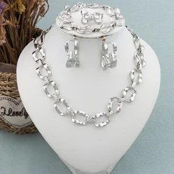 Dubai Women Silver Plated Jewelry Set African Chain Wedding Bridal Ornament Women Saudi Arab Necklace Bracelet Earrings Ring