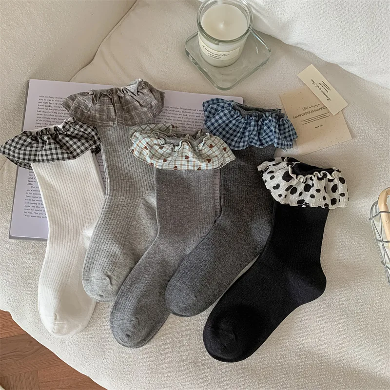 

Frilly Socks Women JK Japanese Style Black White Gray Medium Tube Socks Sweet Girl JK Lolita Kawaii Cute Plaid Lace Ruffle Socks