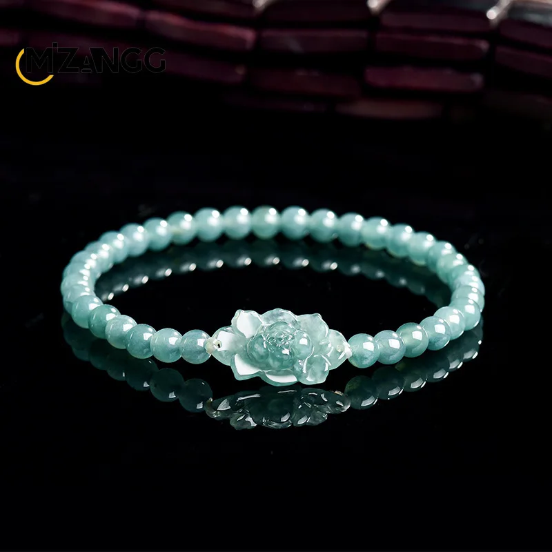 Natural A-goods Jadeite Blue Water Lotus Round Beads Strings Hand-carved Exquisite Lovely Ice Jade Bracelet Couples Holiday Gift