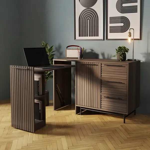 

Swivel Desk Modern Brown Pull Out Desk with Drawers and Doors Spacious Storage Room for Office Working Desk