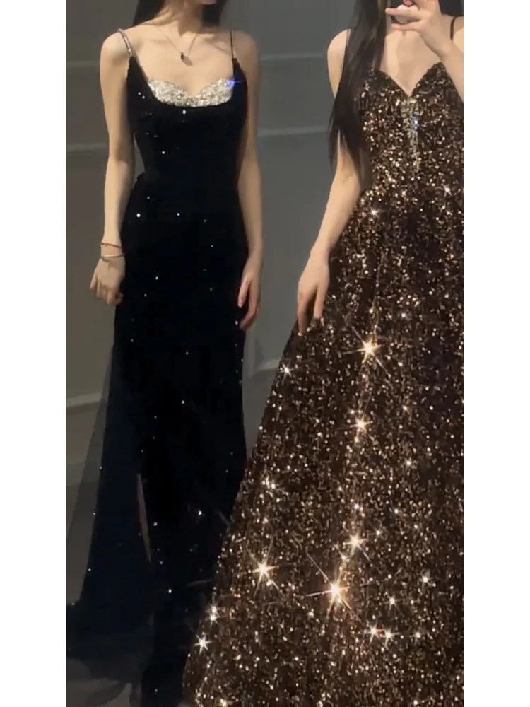 

Black Sexy Sequin Strapless Evening Dress Women's New 2025 High-End Sensual Ball Gown Hepburn Style Long Evening Gown