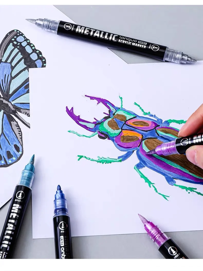 Dual Tip Metallic Acrylic Marker 48 Colors Soft Brush & Fine Tip Paint Pen for Stone Ceramic Graffiti DIY Crafts Art Drawing