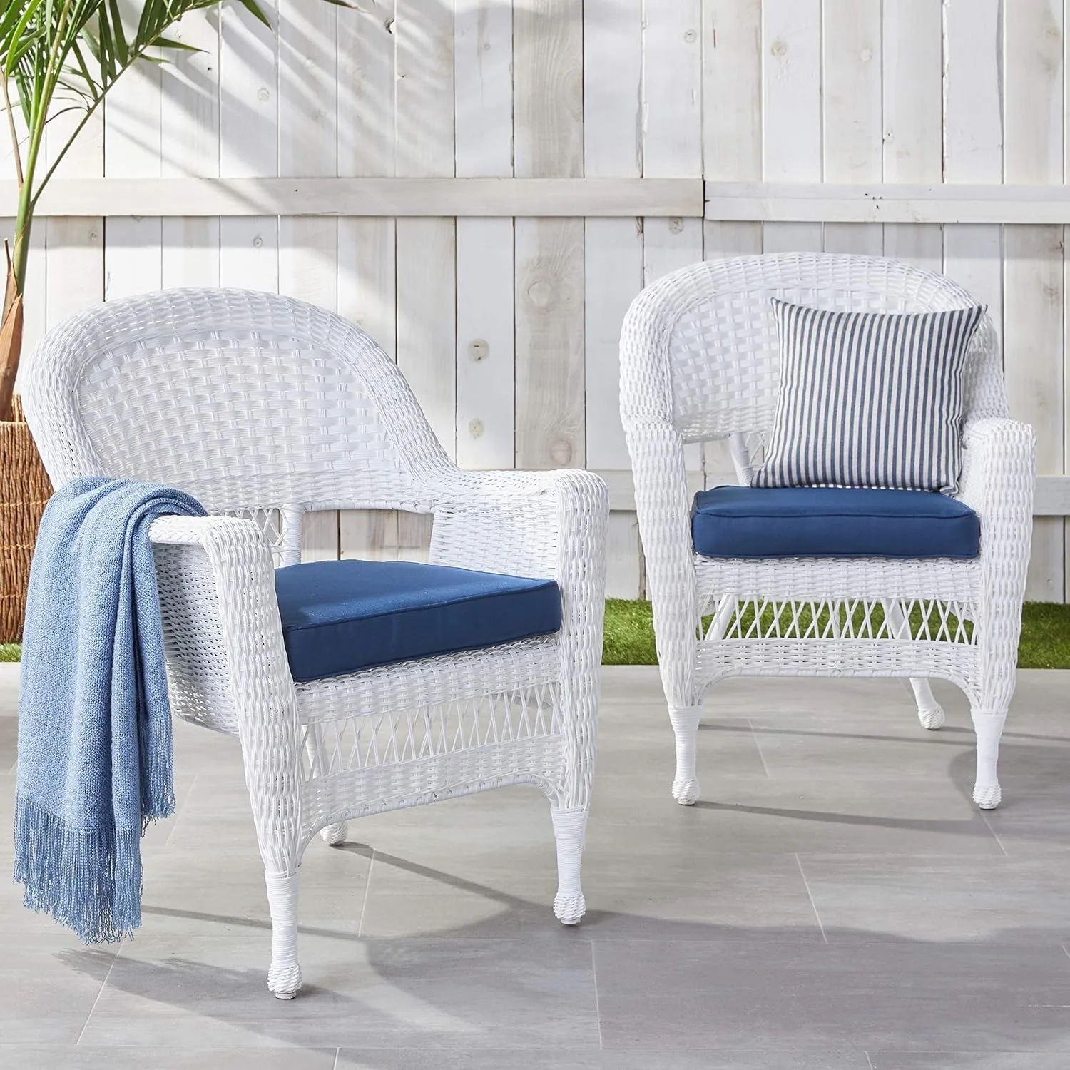 Wicker Chair with Blue Cushion, Set of 2, White/W00206-