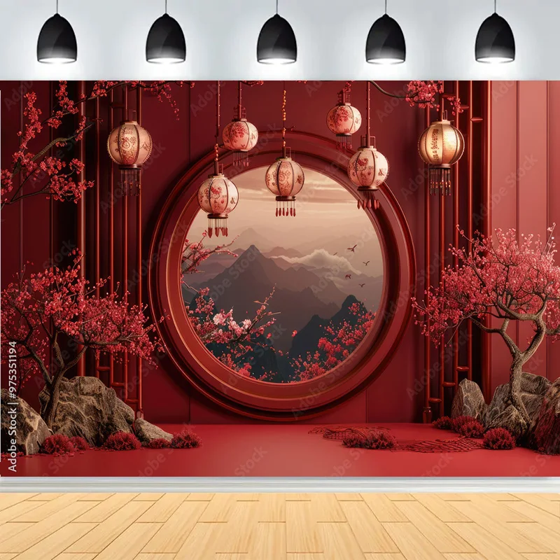 

Elegant Chinese New Year Decor Photography Backdrops Red Lanterns Flowers Decorated Spring Festive Photo Background TK-01