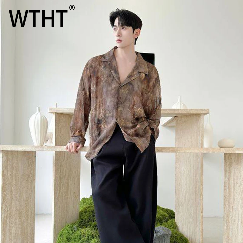 

WTHT Fashion 2026 Summer Men's Tie Dye Pleated Loose Shirts Trendy Turn Down Collar Single Breasted Tops Male 2A2859
