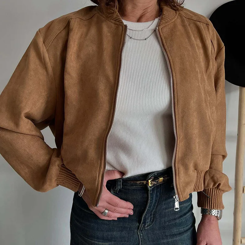 Women Vintage Faux Suede Bomber Jacket Ribbed Stand Collar Zip Up Long Sleeve Loose Short Casual Outerwear Autumn Coat