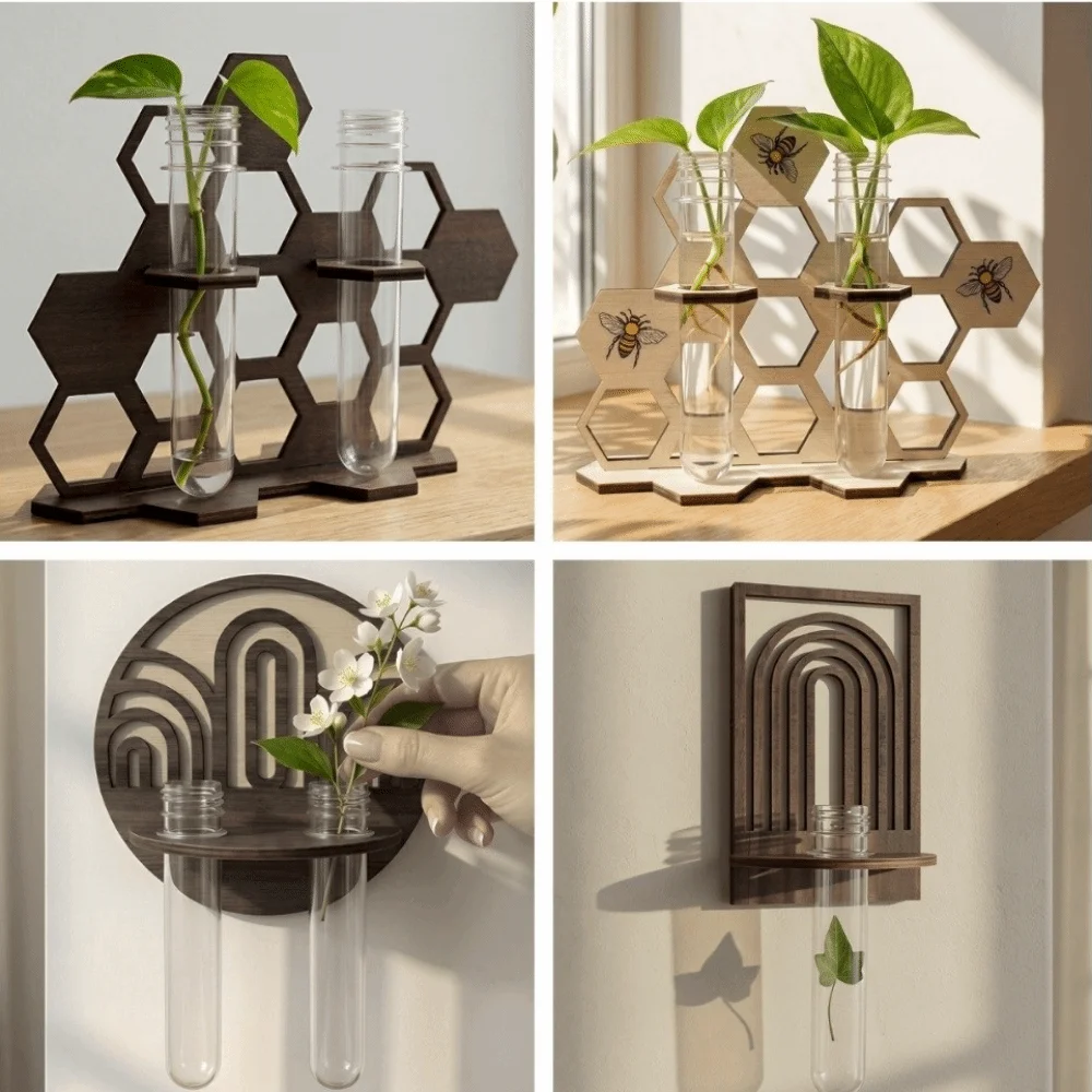 Wooden Hydroponic Plant Holder Hollow Out Geometric Wall Hanging Planter Shelf Wall Decoration Vase Flower Pot Indoor Cutting