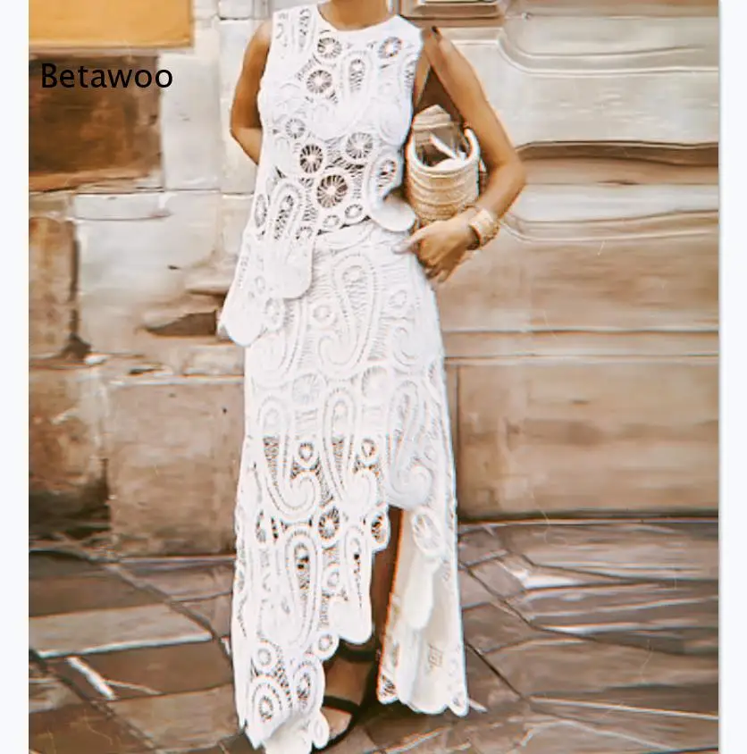 Damen Boho Häkel-Spitzenkleid Ärmellos, Elegantes Ausgeschnittenes V-Ausschnitt Strand-Maxikleid für Sommerurlaub und Feiertage