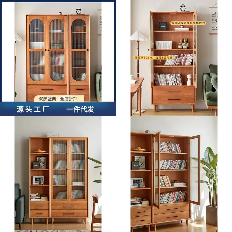 For Time Cherry Bookcase Nordic Japanese Style Glass Door Solid Wood Storage Cabinet with Drawer Simple Standing Locker for