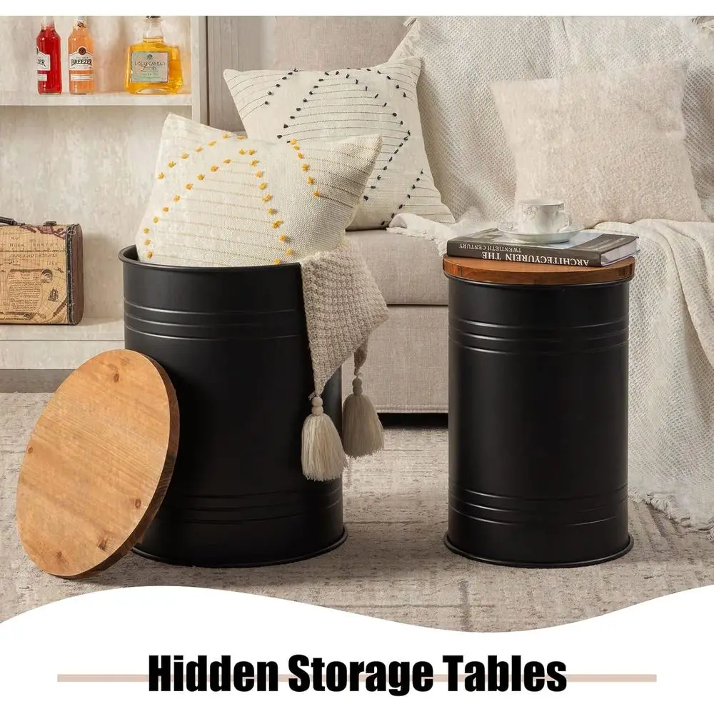 Pair of Galvanized Metal and Wood-Top Farmhouse Side Tables, Storage Coffee Table Stool for Living Spaces in Black