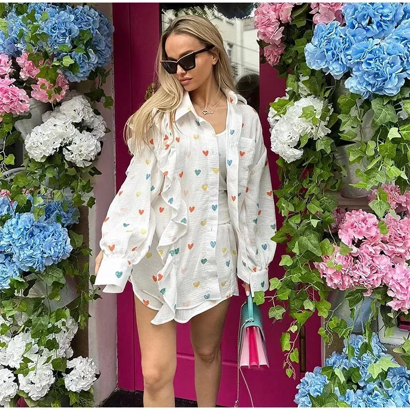 Colorful Love Printed Ruffles Short Suit Women Cotton Lapel Pockets Long Sleeve Shirt Set New Elegant Female High Street Outfits