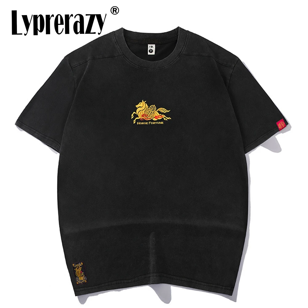 

Футболка Lyprerazy в китайском стиле с вышивкой «Год Лошади», с круглым вырезом, с короткими рукавами, трендовая брендовая летняя мужская футболка