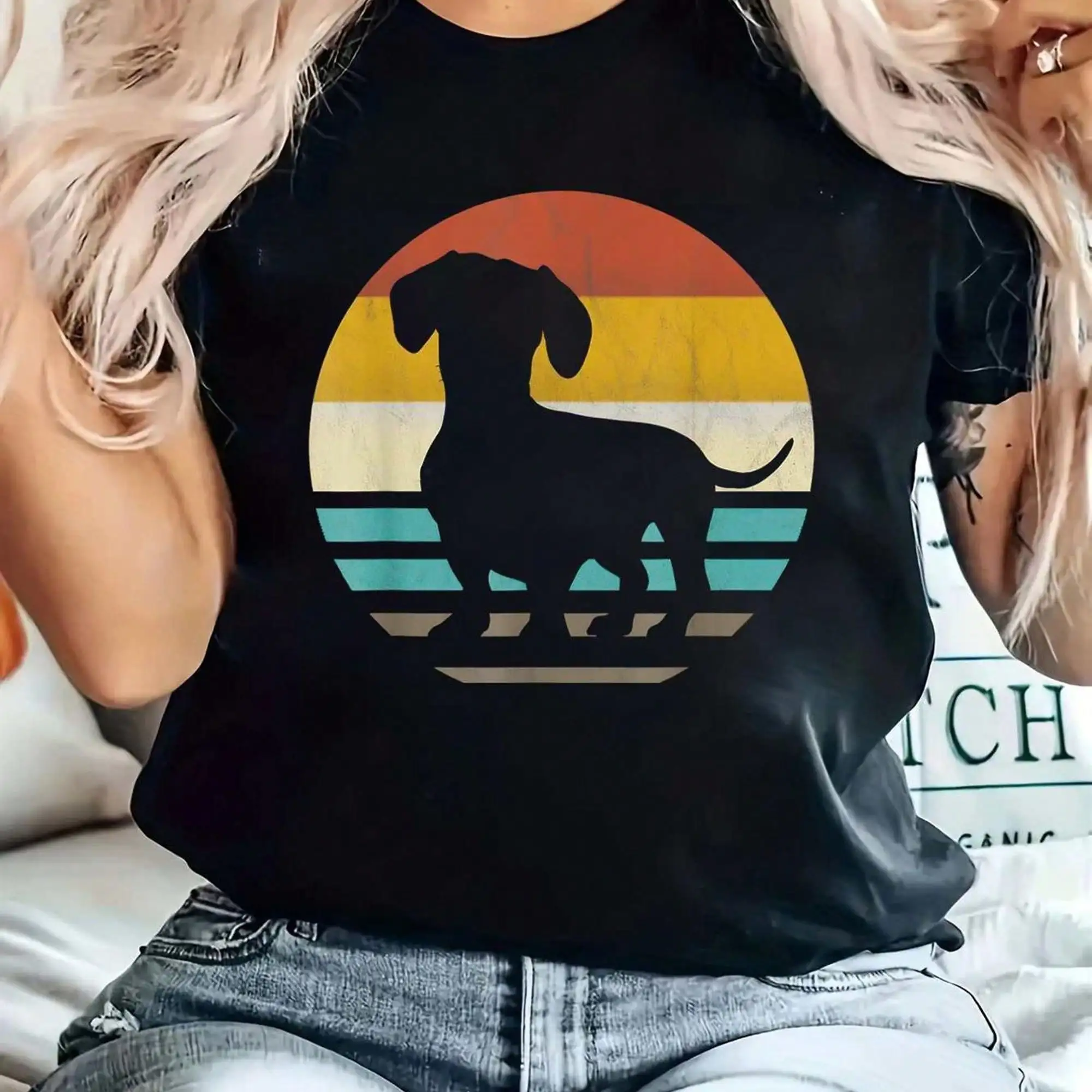 Women's Vintage Dachshund Dog Lover T-Shirt - Retro Dachshund Silhouette & Colorful Stripes Short Sleeve Round Neck Casual Top, Soft Spring Summer Casual Attire Tee For Dachshund Owners
