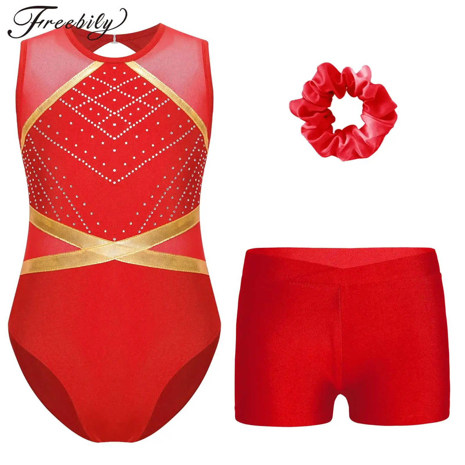 Kids Girls Rhinestones Leotard Ballet Gymnastics Dance Outfits Set Sleeveless Patchwork Dancewear with Shorts for Performance