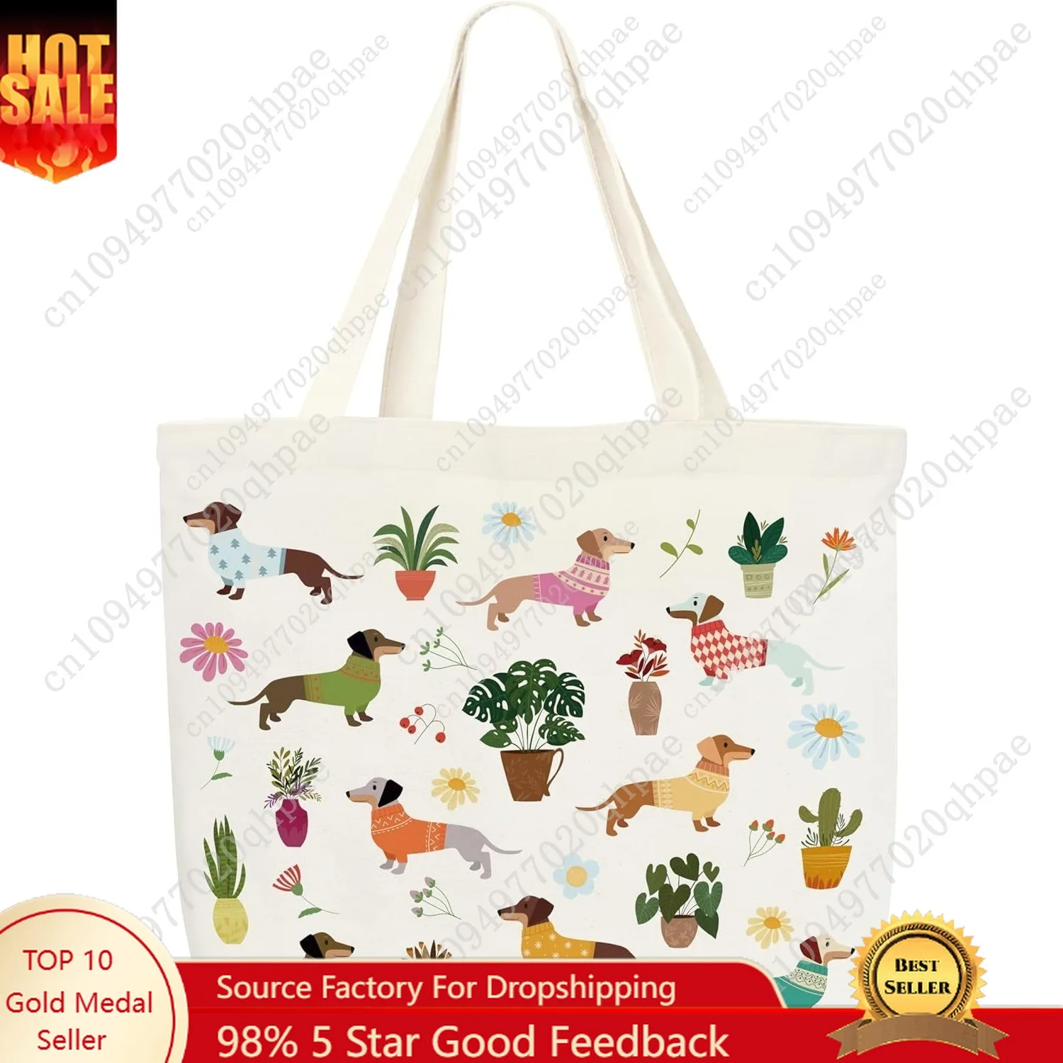 

Dachshund Canvas Tote Bag, Reusable Weiner Dog Grocery Shoulder Bags For Friends Dog Lovers