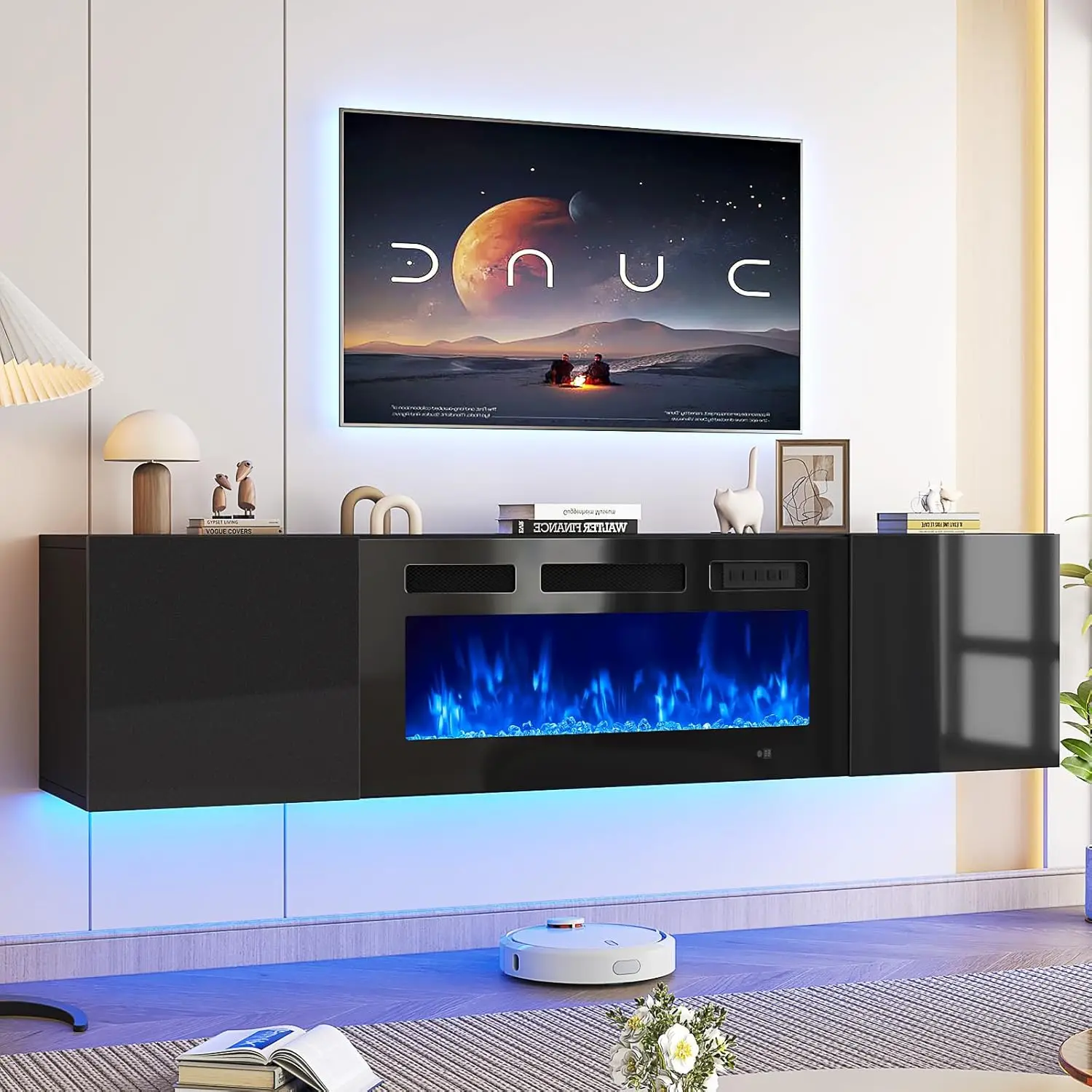 Floating TV stand with 36-inch electric fireplace, 70-inch TV console with fireplace, floating TV stand/TV cabinet