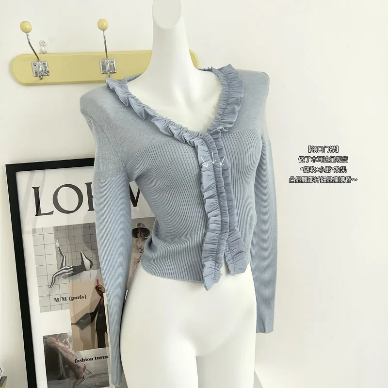 V-neck Wooden Ear Lace Knit Sweater Women Blue Korean Fashion Casual Loose Women's Aesthetic Party Pullover Sweater