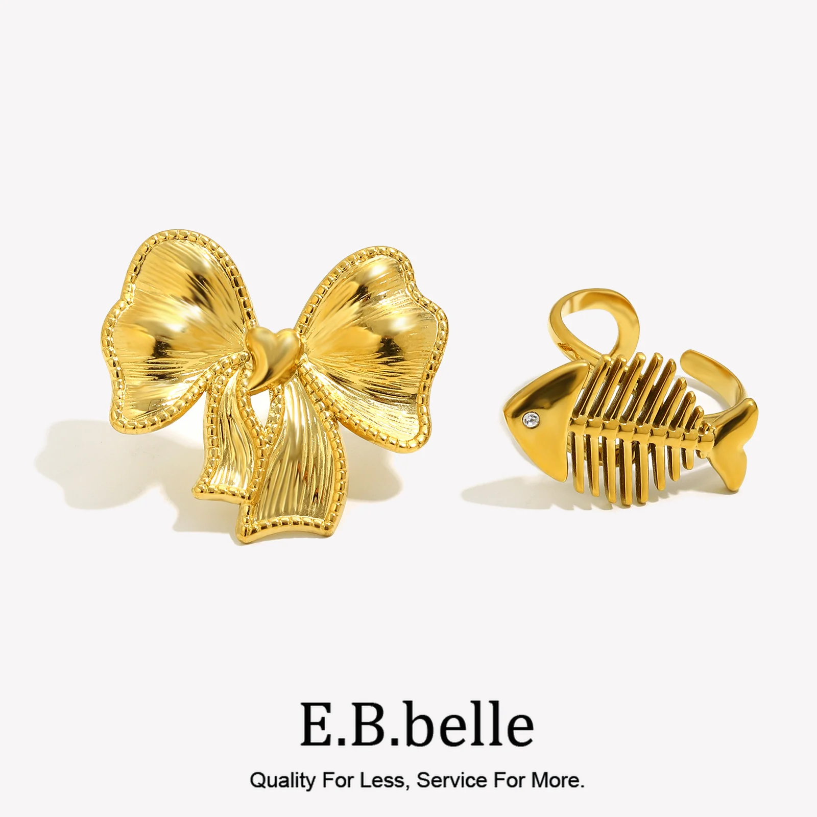 E.B.belle Bowknot Texture Fishbone Opening Ring Cute Statement Stainless Steel Tarnish Free Suit For Women's Jewelry