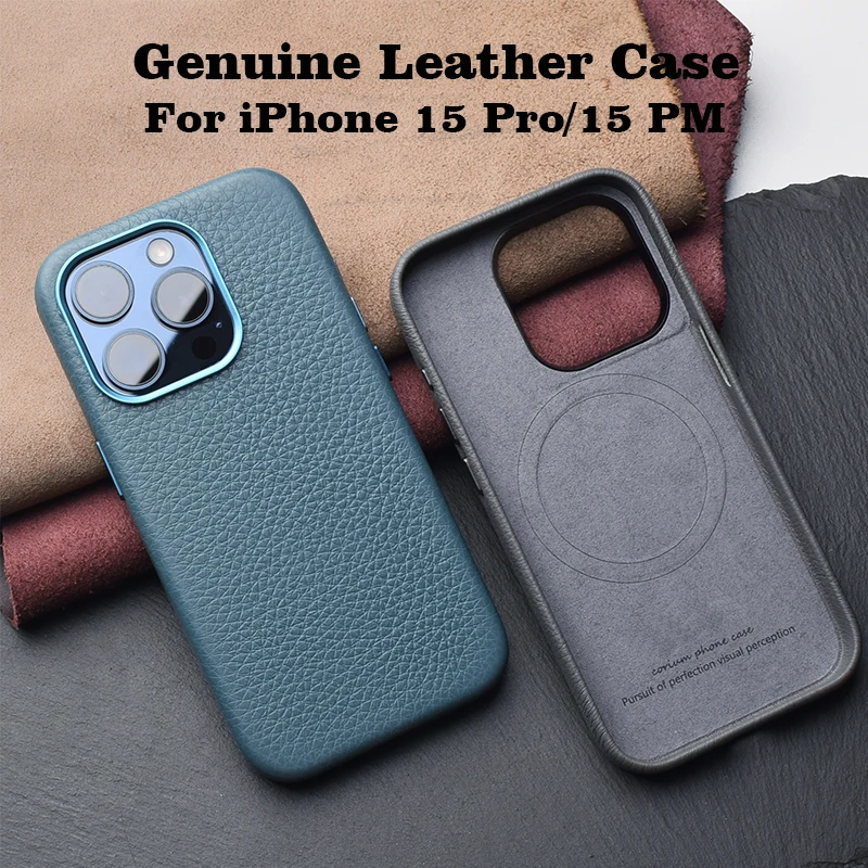 Genuine Leather Case For iPhone 15 Pro Max Luxury Real Skin Phone Back Cover For Apple iPhone 15 Pro Magnetic Grey Color Blue