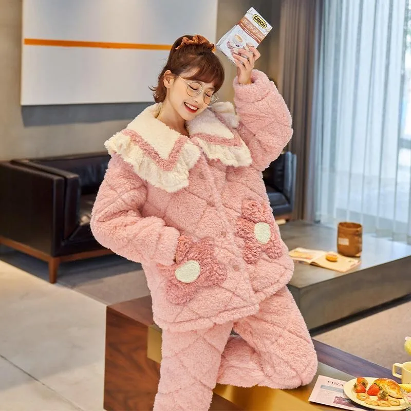 

New Loose Large Size Fat 150kg Winter Casual Coral Fleece Pajamas Women's Autumn Winter Thickened Warm Fleece Cute Loungewear