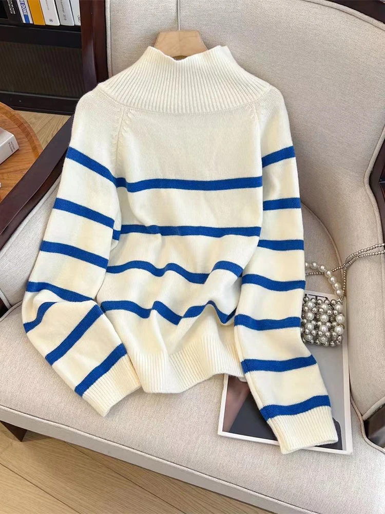 Women Blue Stripes Zippers Pullover Sweater Harajuku Korean Y2k Long Sleeves Cashmere Sweaters Vintage 2000s Clothes Autumn 2024