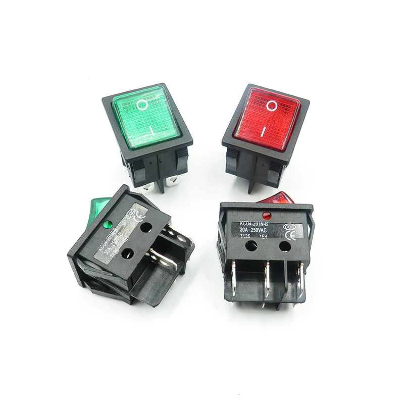 3PCS ，30A 250V high-power KCD4 Rocker switch 4/6PIN 25x31mm ON-OFF red light green light power switch