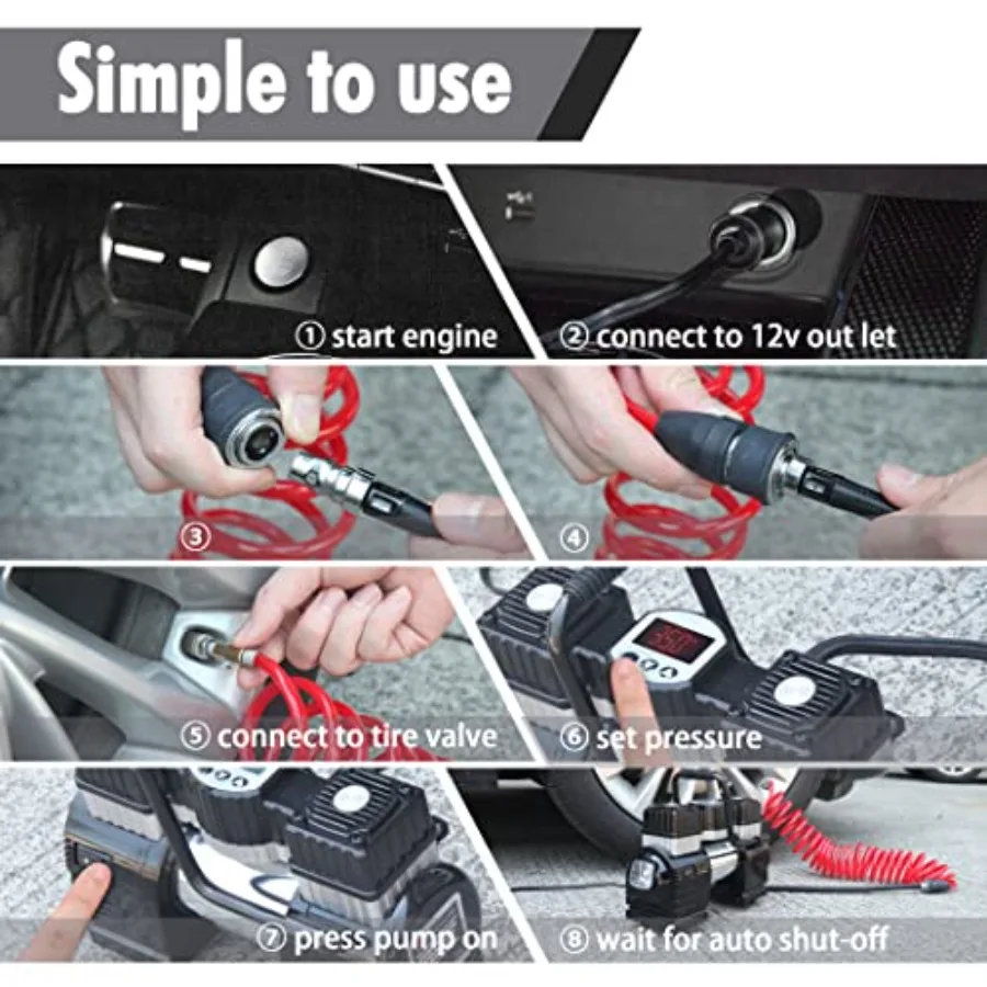 ضاغط هواء مزدوج الأسطوانة تيار مستمر 12 فولت للسيارة منفاخ إطارات محمول عالي التحمل مع ضوء LED مضخة إطارات 120 رطل لكل بوصة مربعة مثالية لـ #6