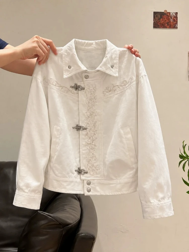 Top Women Elegant Eastern Cropped Autumn Lapel Retro Buckle Line Decorative Loose Long Sleeve Clean Slimming Fashion Coat