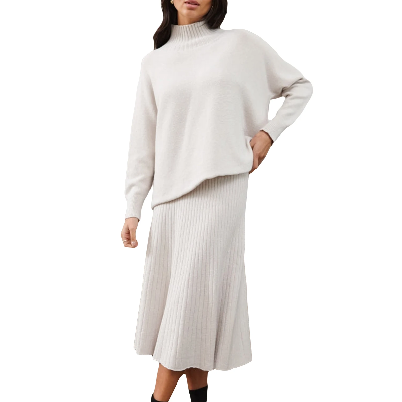 Women Relaxed Fit Soft and Warm Sweater Sets Comfortable Stretch Ribbed Viscose Knit Turtleneck Sweater and Midi Skirt 2PCS