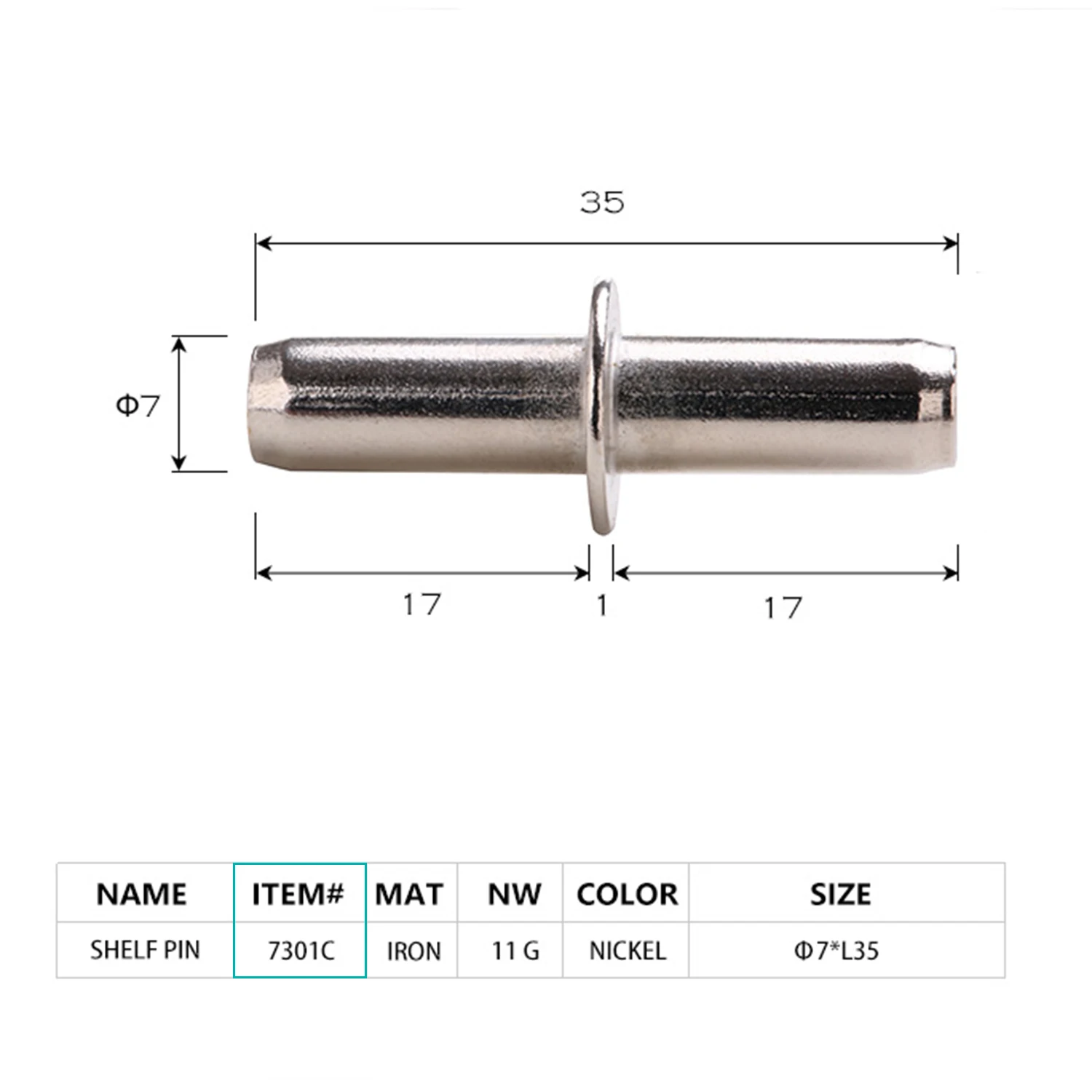 Cabinet Bookcase etc furniture shelf support Nickel color Diameter 7 L35mm Iron metal Shelf Pin